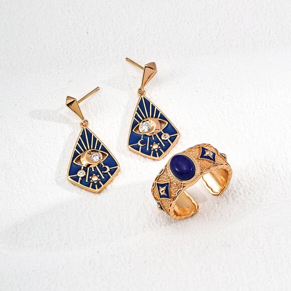 ✨ Artisan Original Lapis Lazuli & Enamel Statement Ring | S925 Gold Adjustable - Picture 10 of 15